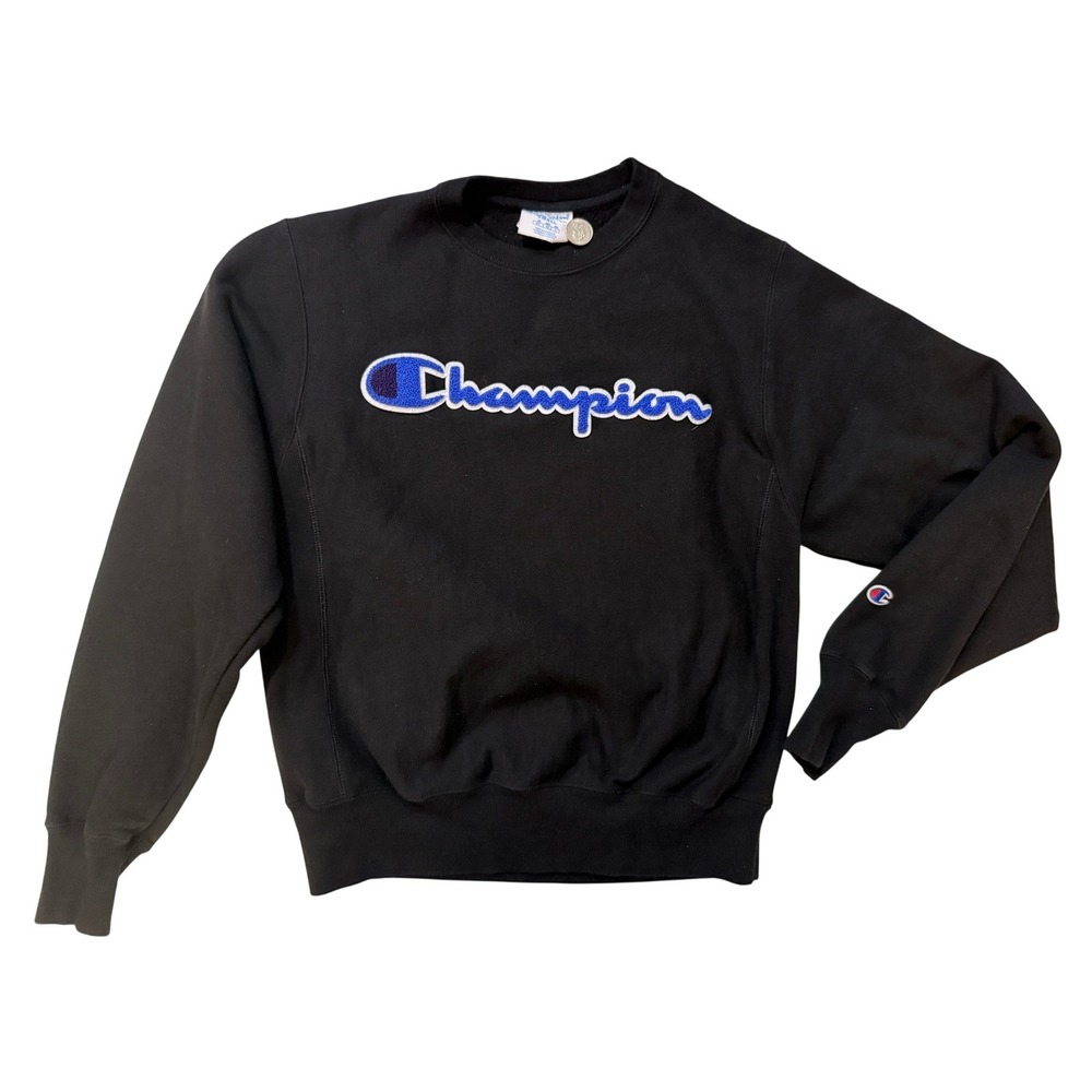 Champion Reverse‎ Weave Sweatshirt Mens SM Black Chenille Logo Pullover Y2K